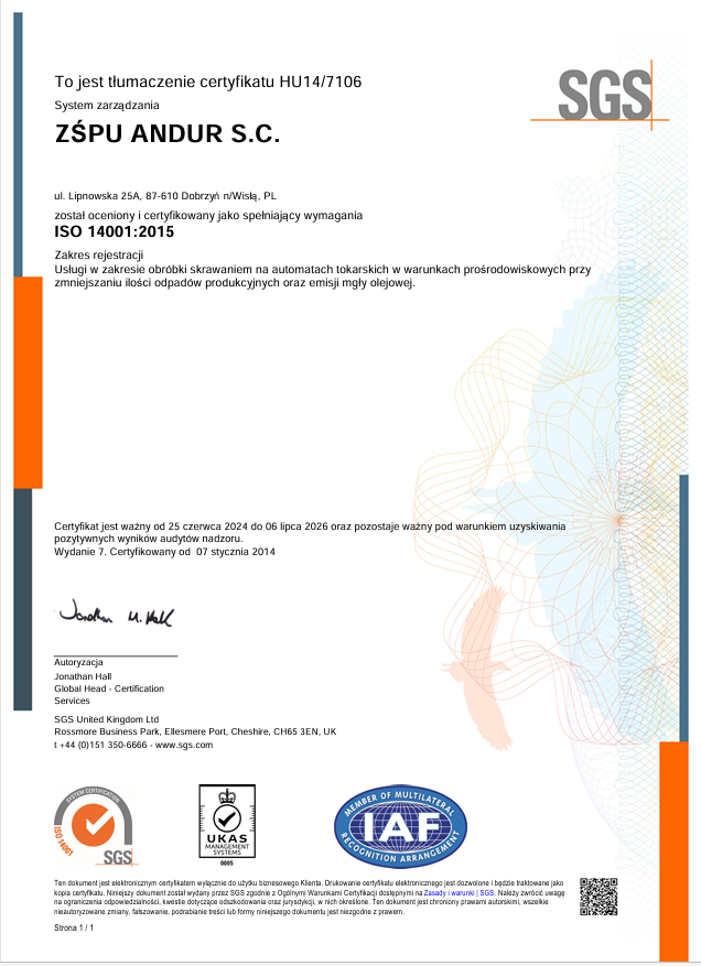 Certyfikat ISO 14001:2015 — wersja polska